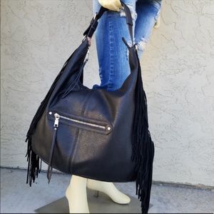 Moda Luxe Black leather fringe Hobo purse